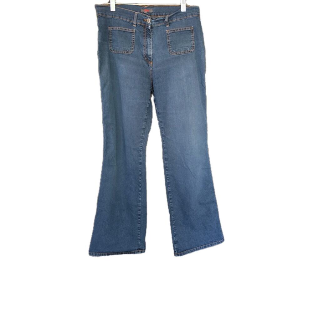 S Oliver Blue Denim Wide Leg Flare Jeans Women Y2k Vintage Patch Pockets Sailor